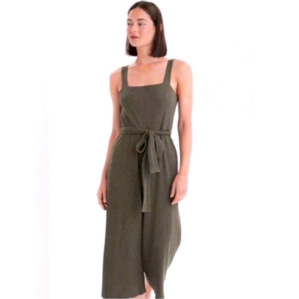 American Eagle Olive Green Wide Leg Ribbed Cropped Jumpsuit Tie Waist size S